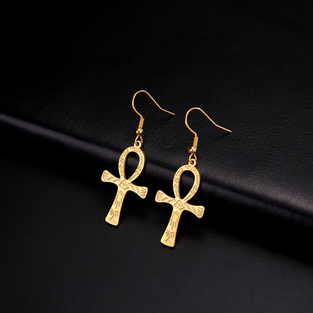 Lucktune Vintage Ankh Rune Cross Drop Stainless Steel Earrings for Women Key of Life ,Egypt Nile Key Earrings Jewelry Gifts New
