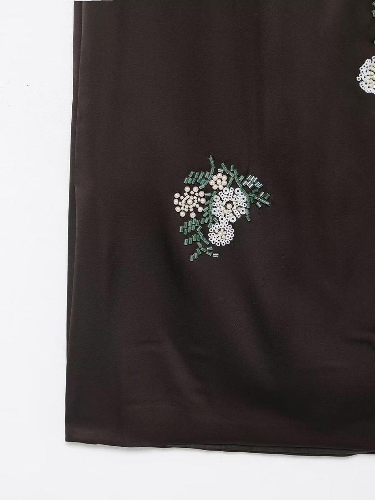 European Women's Beaded Sequin Embroidered Silk Satin Lace Trim Midi Skirt