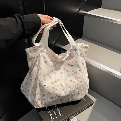 Casual Large-capacity Bag Women's 2025 Summer New Fashion Broken Flower Canvas Bag Versatile Shoulder Bag