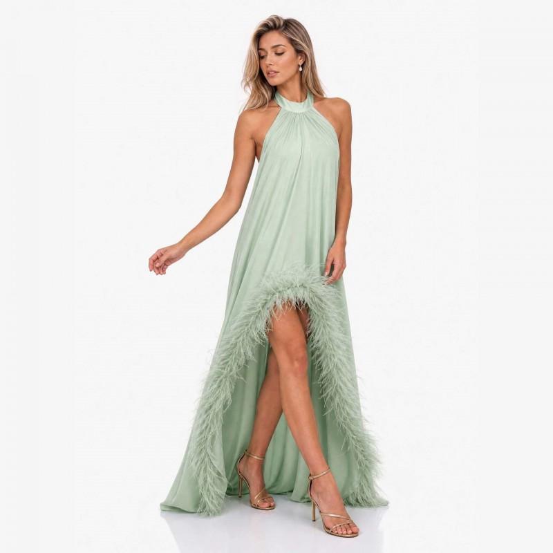 Elegant Off-Shoulder Feather Train Evening Gown Women Long Backless Formal Dress In Acetate Satin