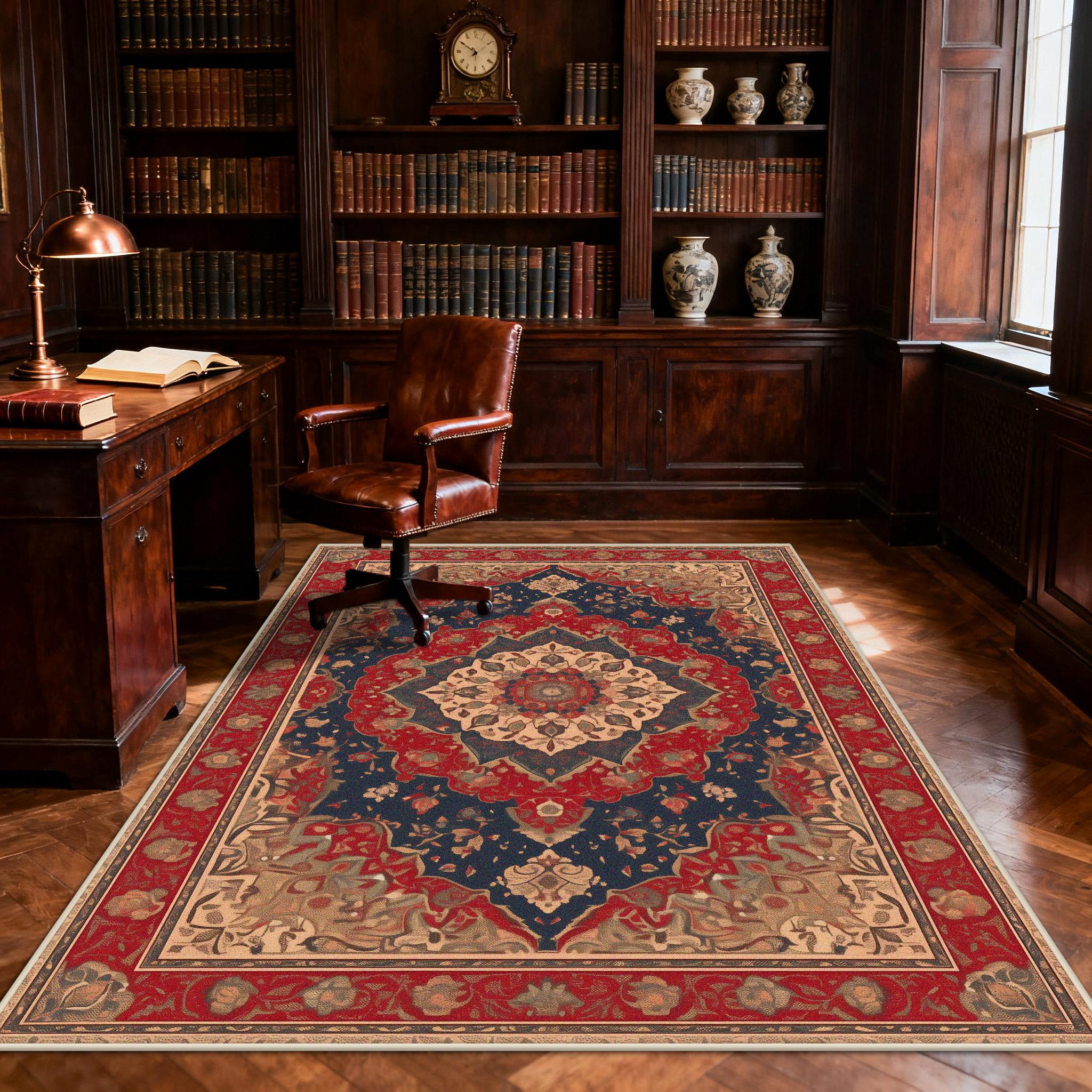 

Persian Dark toned Luxury Easy Clean Study Carpet Decoration Bedroom Living Room Fluffy Rug Large Size Non-slip Soft Floor Mats 60x90cm