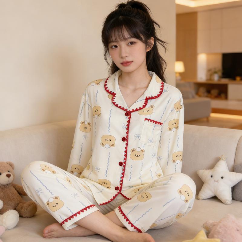 Cute Horse Print Kawaii Pajama Set for Women Spring Soft Fabric Comfort Plaid Loungewear 2 Piece Long Sleeve Top Pants Sleepwear