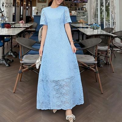 Women Round Neck Short Sleeve Casual Patchwork Lace Long Dress