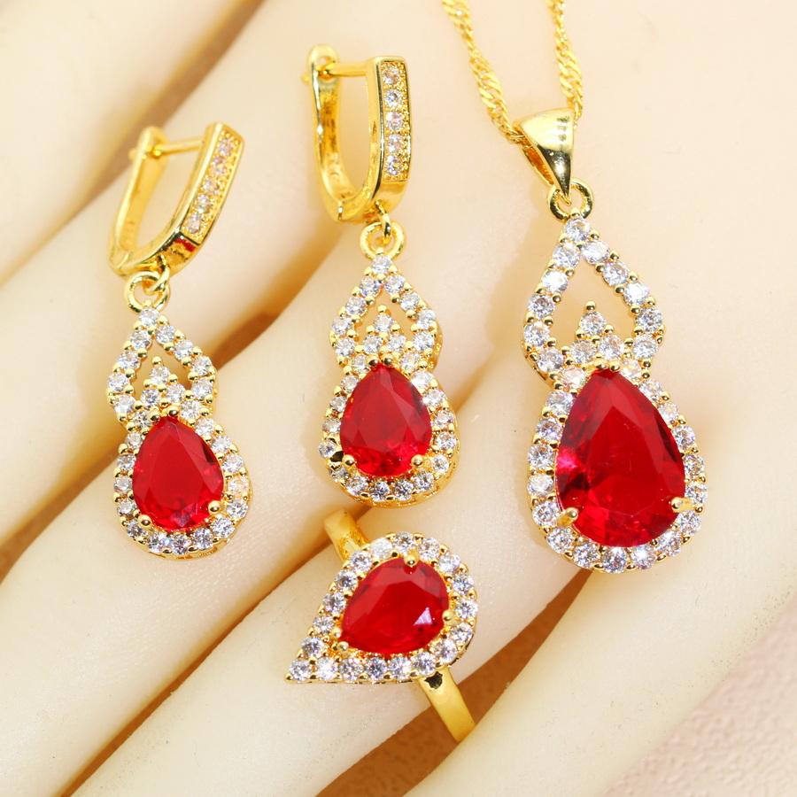 

Классические позолоченные наборы украшений, серьги с кристаллами в виде капель воды, ожерелье с подвеской, открытое кольцо, браслет, бижутерия для женщин, для вечеринки, подарок