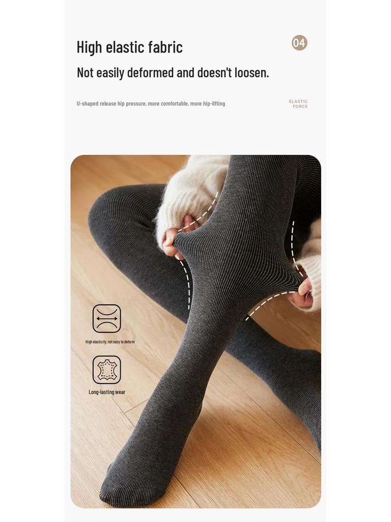 Fleece-Lined High-Waisted Grey Stirrup Footed Leggings for Women - Warm Micro-Compression Vertical Striped Tights