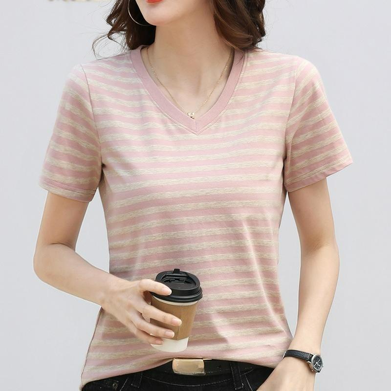 Contrast Color V-neck Retro Literary Short-sleeved T-shirt Women's Western Style Blouse Summer Bottoming Shirt