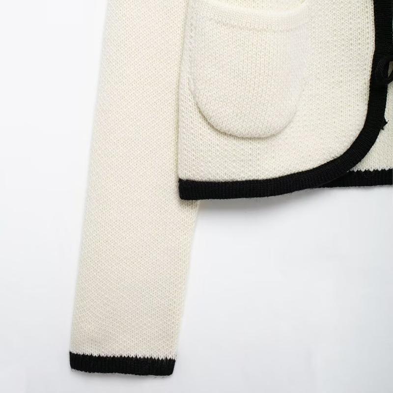 Moda Damska Z Kieszeniami Beżowy Sznurowany Sweter Dzianinowy Vintage Okrągły Dekolt Długi Rękaw Kobieta Szykowna Dama