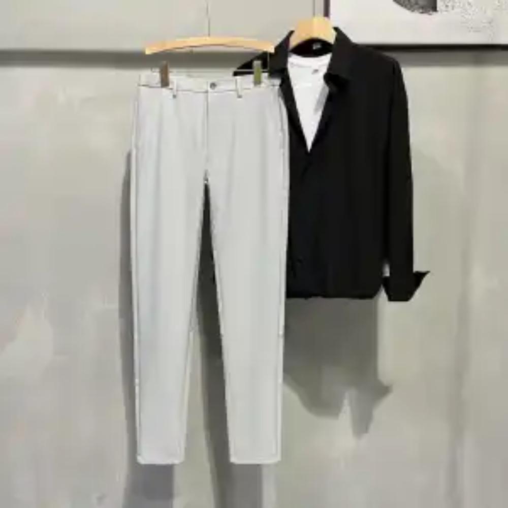 Fashion Men Slim Fit Dark Gray Smart Casual Suit Pants Spring Summer New Ice Silk High Elasticity Business Cropped Trousers