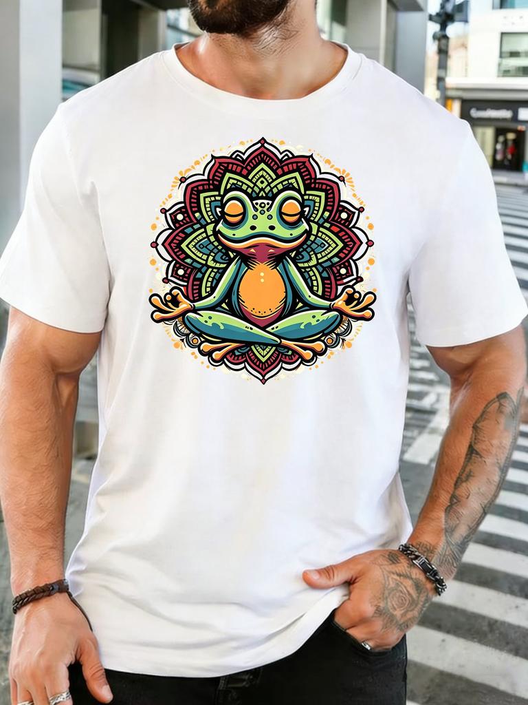 Olive Unisexs Tee Meditation Frog Unisexdala Pattern Print Crew Neck Cotton Short Sleeve Zen Male Street Summer Soft Daily Casual Wear