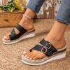 European and American foreign trade large size belt buckle slope heel cool slippers women's new hollow thick-bottomed beach slippers Amazon