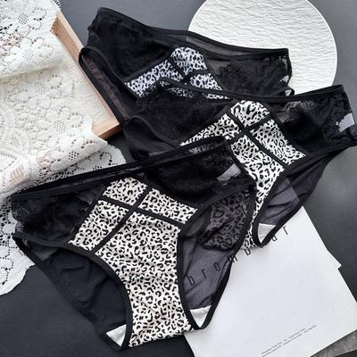 Dámské jarní a letní leopardí vzorované duté sexy kalhotky s křížovým šněrováním z ledového hedvábí