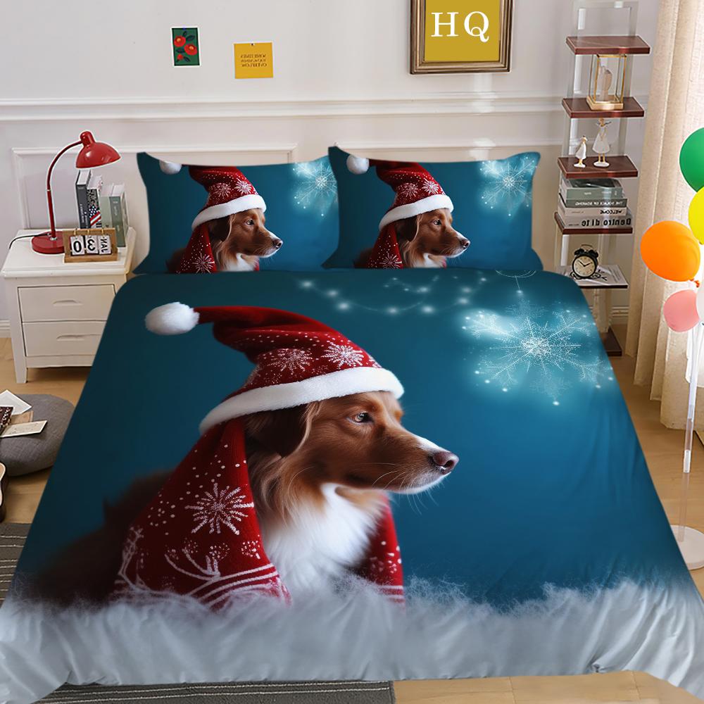 Kemila 3D Cartoon Christmas Bedding Set Duvet Cover Pillowcases Pet Cat Dog Polyester Quilt Cover Gift For Girls Twin Queen King Home Decor