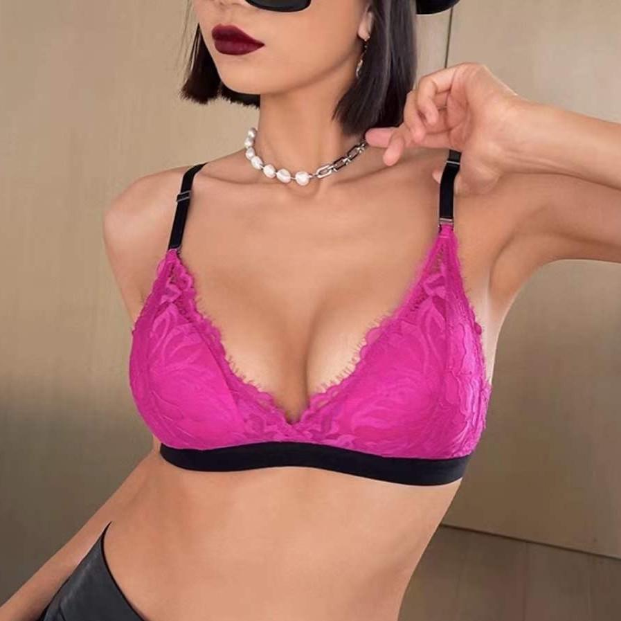 French underwear thin contrasting color triangle cup no steel ring bra big chest small sexy lace bra cover