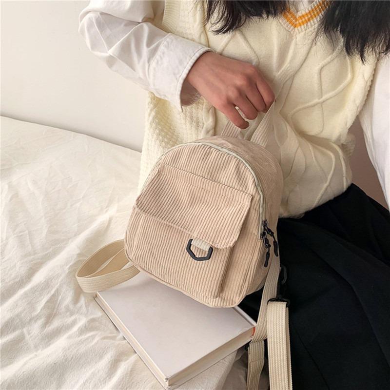 Women Fashion Travel Small Casual Daypacks Lightweight Simple Corduroy Double Shoulder Bag School Backpacks