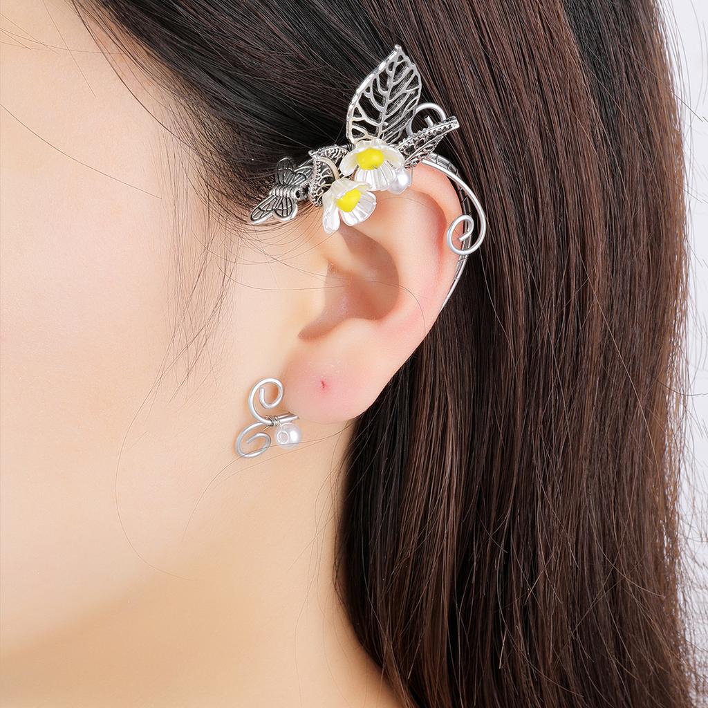 Earrings Retro Earless Flower Ear Bone Clip Rose Branch Elf Fringed Ear Hanging Ear Clip