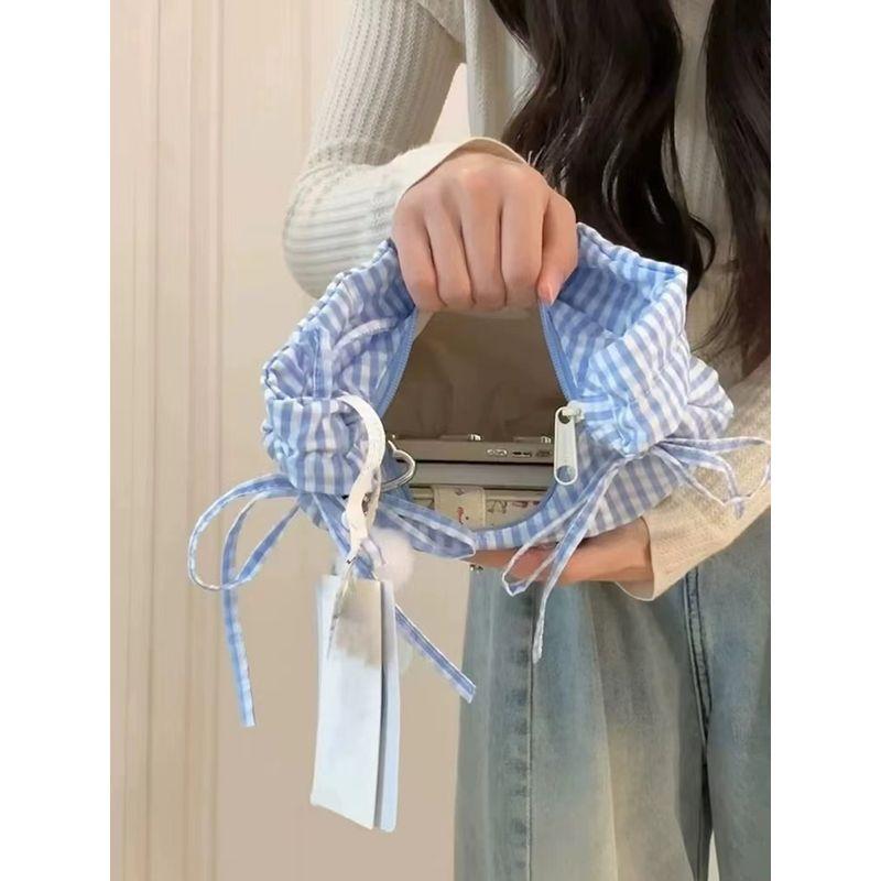 2025 Korean Series Dopamine Plaid Pleat Bow Shoulder Bag Women Summer New All-Match Portable Commuter Bag