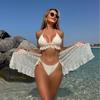 Women's 3 Piece Ruffle Halter Bikini Set Textured Triangle Top Lace Crochet Cover Up Skirt Sexy Summer Beach Hot Spring Bathing Suit Swimwear