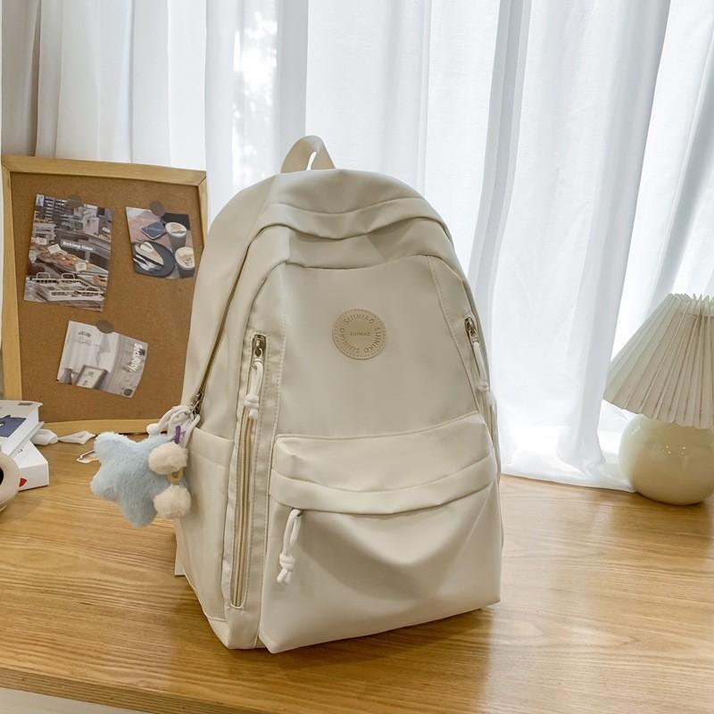 Simple Solid Color Student Lightweight Backpack With Plush Pendant For School