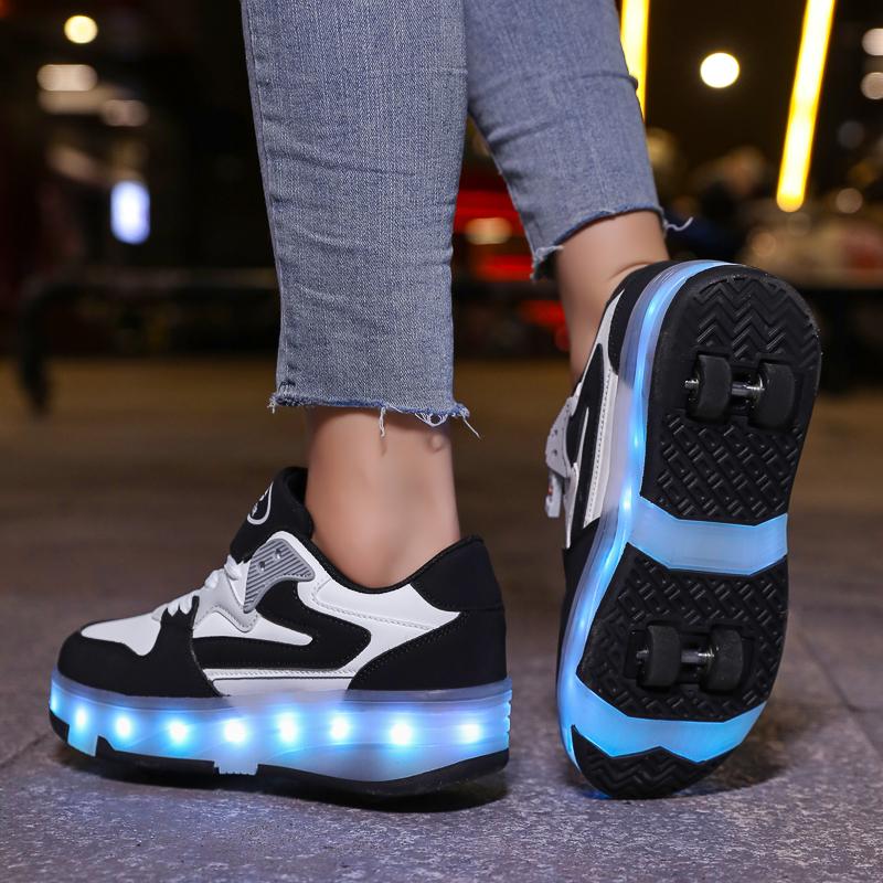 29-40 Kid's Lights Sports Shoes Rubbing Shoes Solid Magic Patch Can Charging Double-row Four-wheel Luminous Children Shoes
