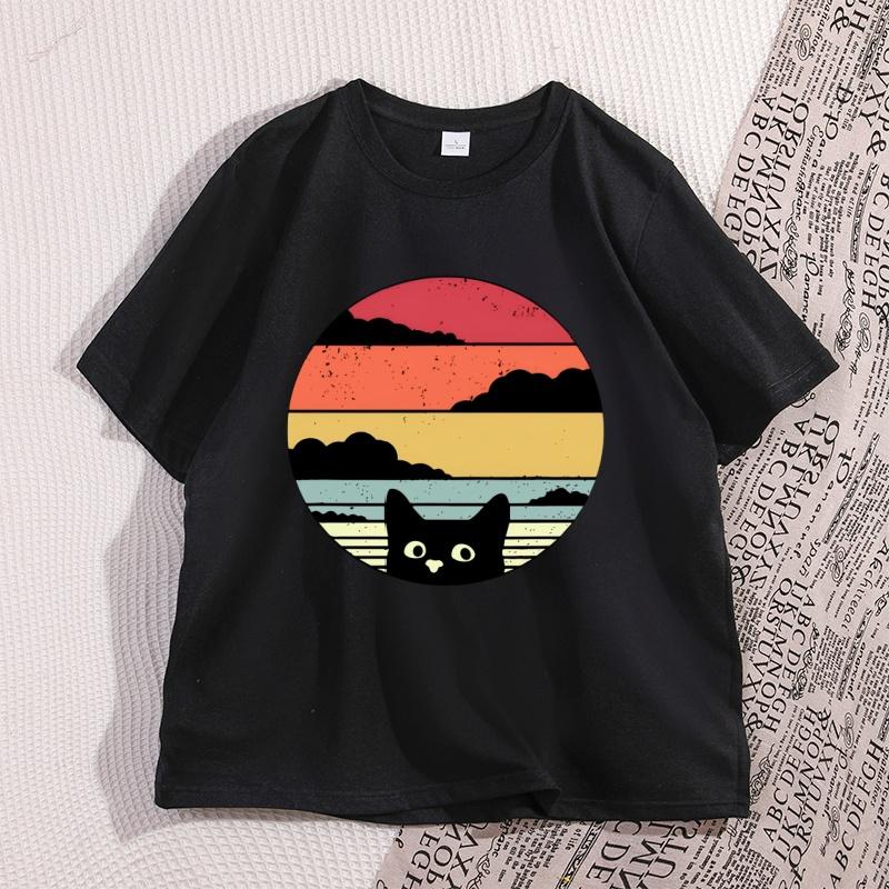 Schwarze Katze Sonnenuntergang T-Shirt Vintage Grafik Unisex T-Shirt Coole Streetwear Unisex T-Shirts Lässig Hohe Qualität Baumwolle Y2k Kleidung