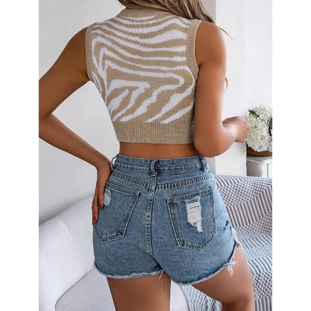 QICED Summer Hollowed-out Contrasting Color Zebra Print Crop Top Women's Vacation Top