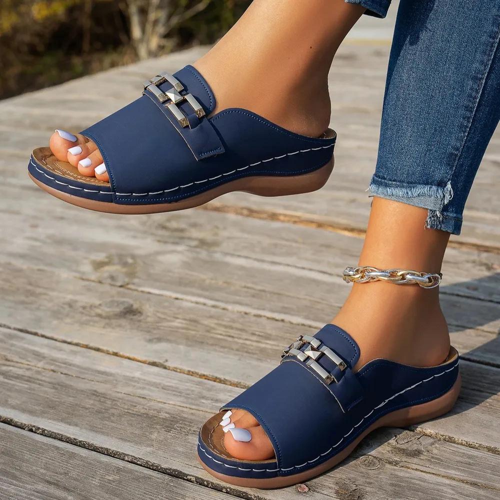 Slip On Open Toe Slide Sandals with Metal Buckle Soft Sole Non Slip Lightweight Casual Outdoor Footwear for Women