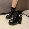 Fashion Riveted Platform Anti-Slip Wear-Resistant Thick Heel Front Lace-Up Side Zipper Anti-Slip Wear-Resistant Shoe
