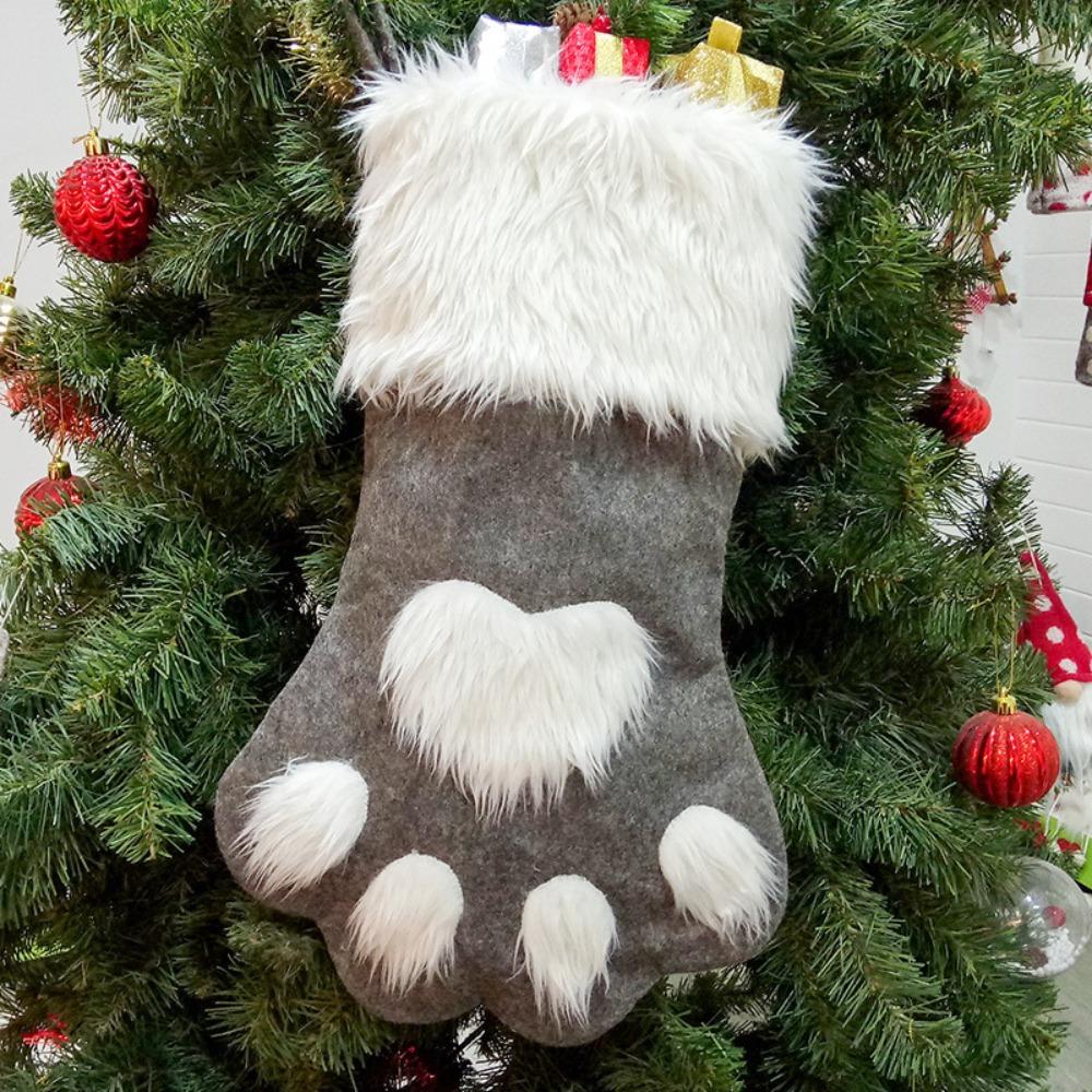 

Hanging Dog Paw Christmas Stocking Material Dog Paw Shape Long Hair Gift Bag Large Capacity Cute Christmas Stockings 22-44cm серый