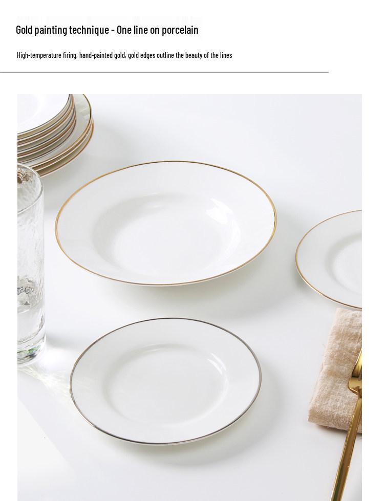 Piatto in Porcellana Ossea con Bordo Dorato Stile Nordico - Piatto Piano Elegante per Bistecca e Zuppa, Stoviglie Occidentali di Lusso Leggero.