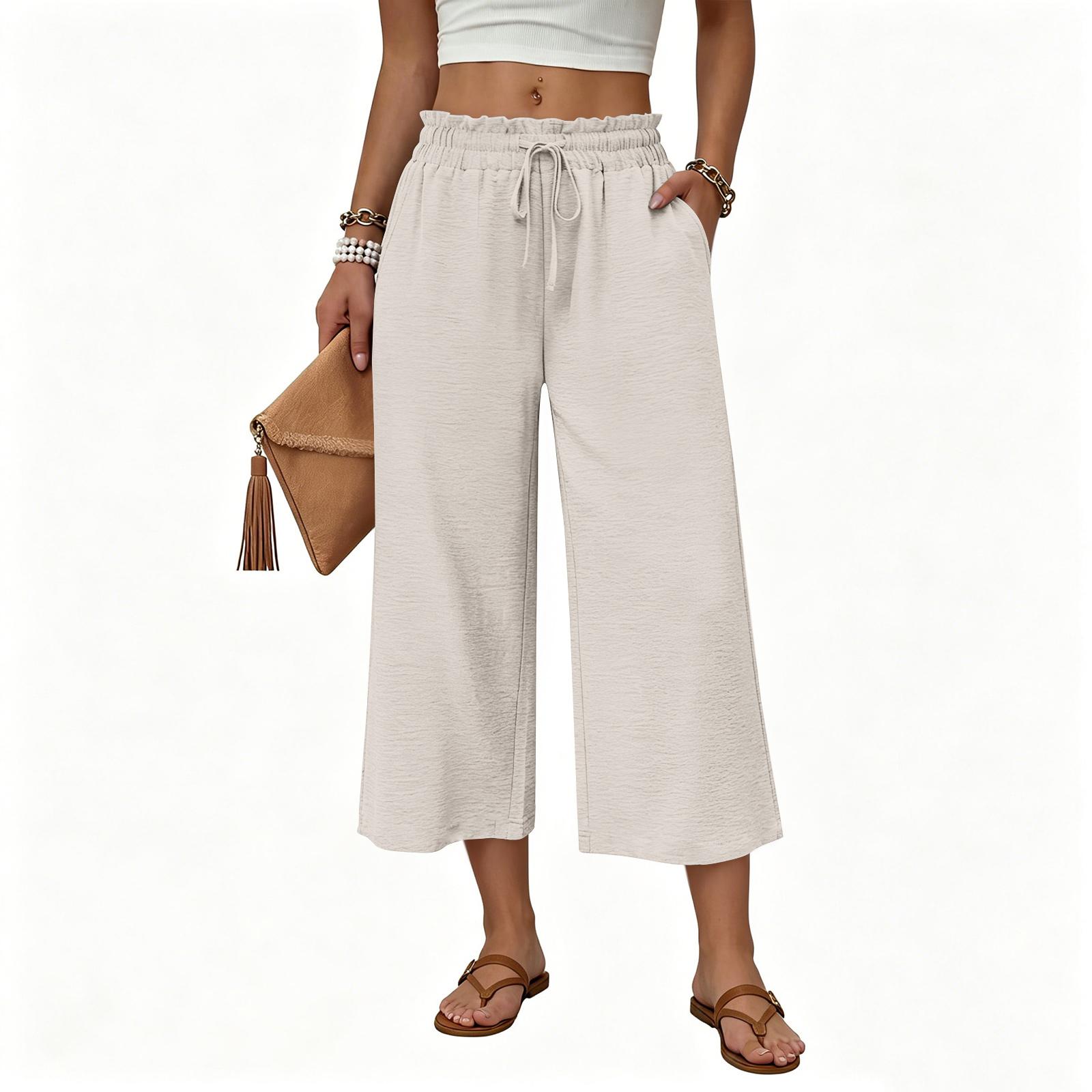 

Women Casual Loose Fit High Waist Cropped Pants with Drawstring Waist and Pockets for Everyday Comfort and Versatility M бежевый