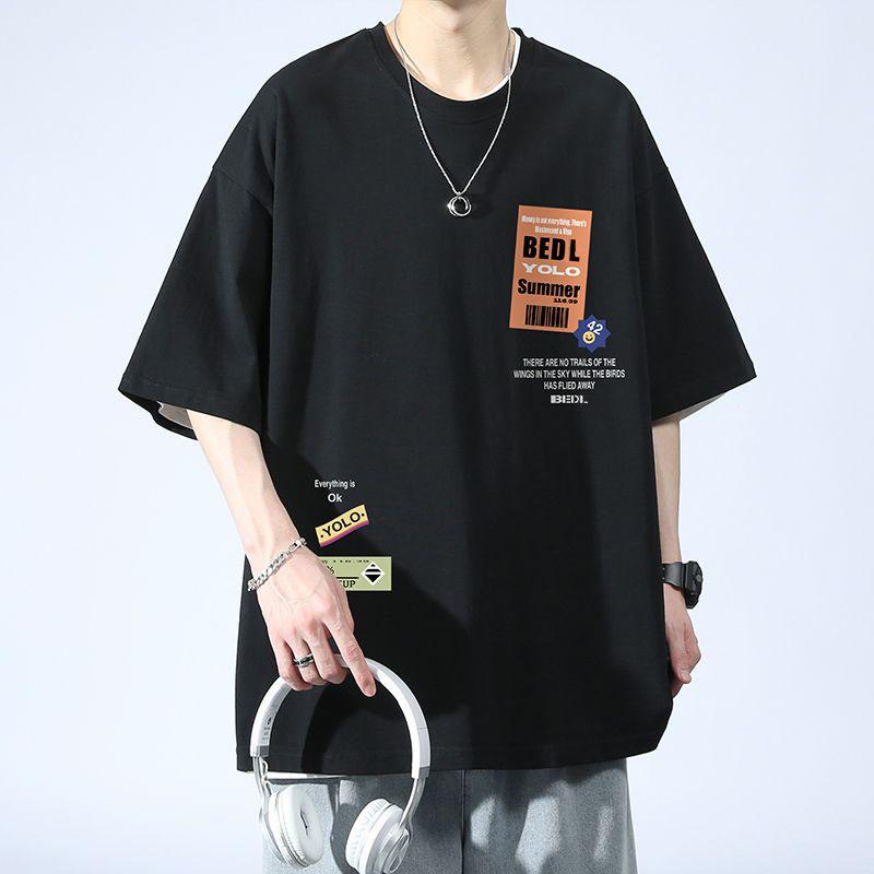 

American retro 100% pure cotton short sleeved t-shirt men s summer Hong Kong style handsome loose trendy S чорний