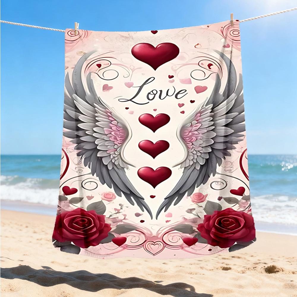1pc Love Hearts Wings Roses Outdoor Flannel Blanket Soft All Season Polyester Throw , Perfect for Picnics & Travel , Picnic Accessory