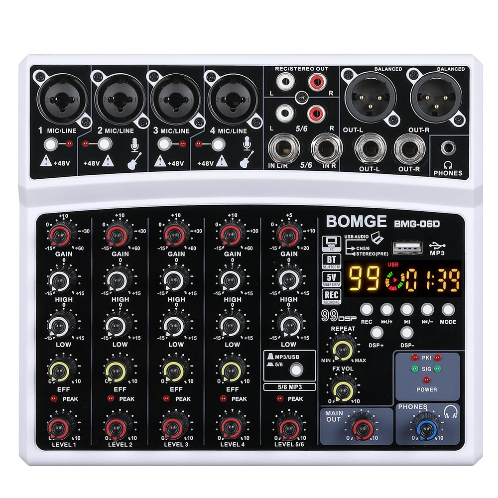 BOMGE DJ Audio Mixer with 48V Phantom 5V Power and 99 DSP Echo Effects for Live and Podcasts 6-Channel MP3, USB, Bluetooth, Power, Supply,