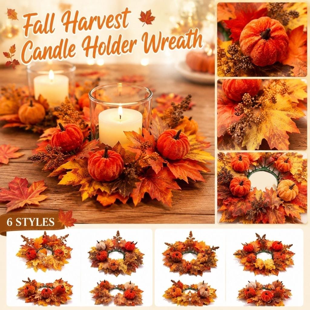 2 Piece Artificial Maple Leaf Pumpkin Candle Holder Wreath Set for Autumn Harvest Festival Thanksgiving Table Centerpiece Decor