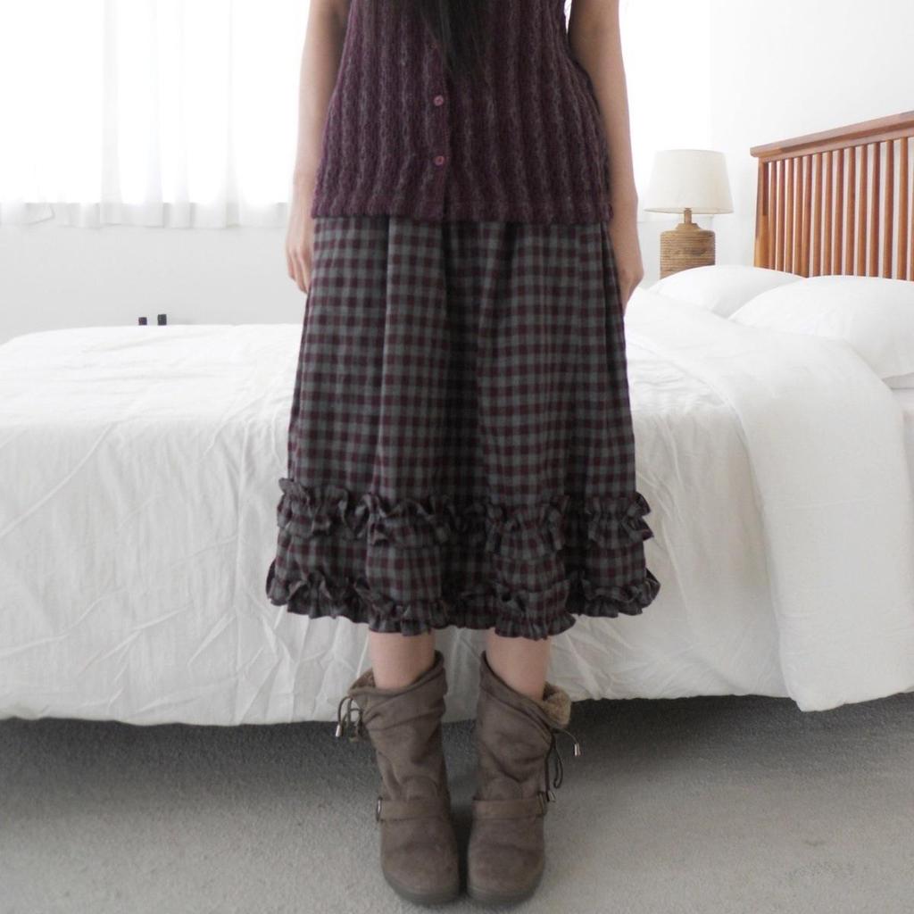 Korean Retro Plaid Ruffle Midi Skirt with Elastic Waist - Women's New Arrival