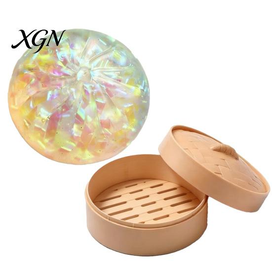 Stress Ball Fidget Toy Glitter Dumpling Squeeze with Steamer Box, Relief Dough TPR Toy, Soft Simulated Steamed Bun