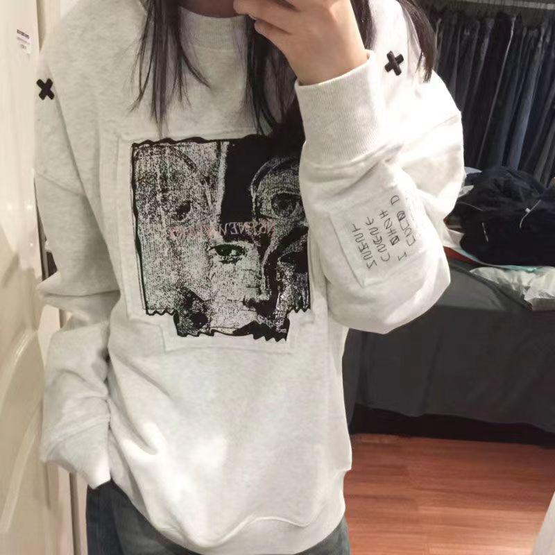 Hua Cotton Silver Fox Velvet Retro American High Street Patch Crew Neck Sweatshirt