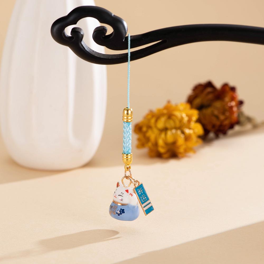 Chinese Ceramic Lucky Cat Phone & Bag Charm Lanyard