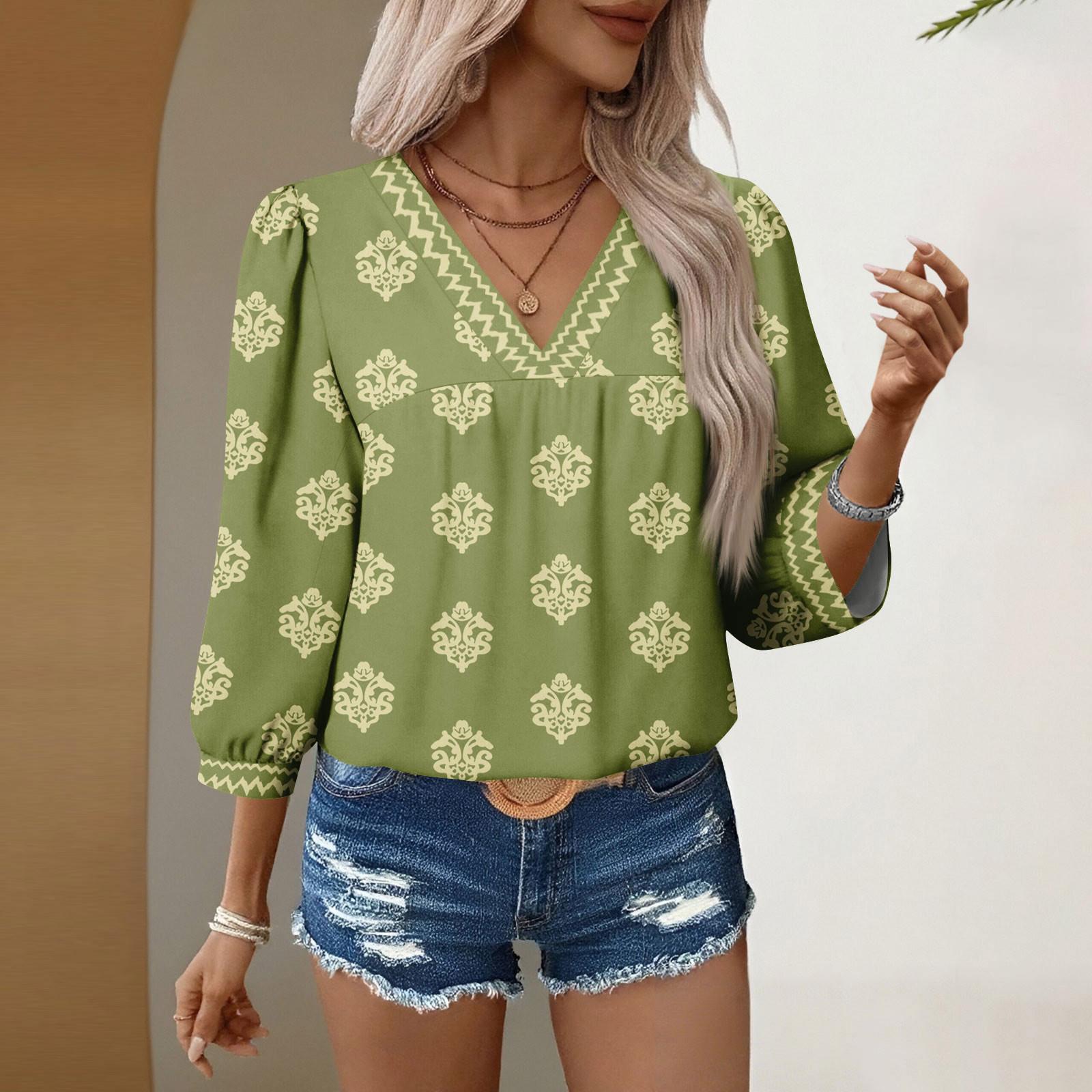 

Женские повседневные блузки с V-образным вырезом и цветочным принтом, рукав 3/4, бохо, осенние топы, рубашки L зелёный