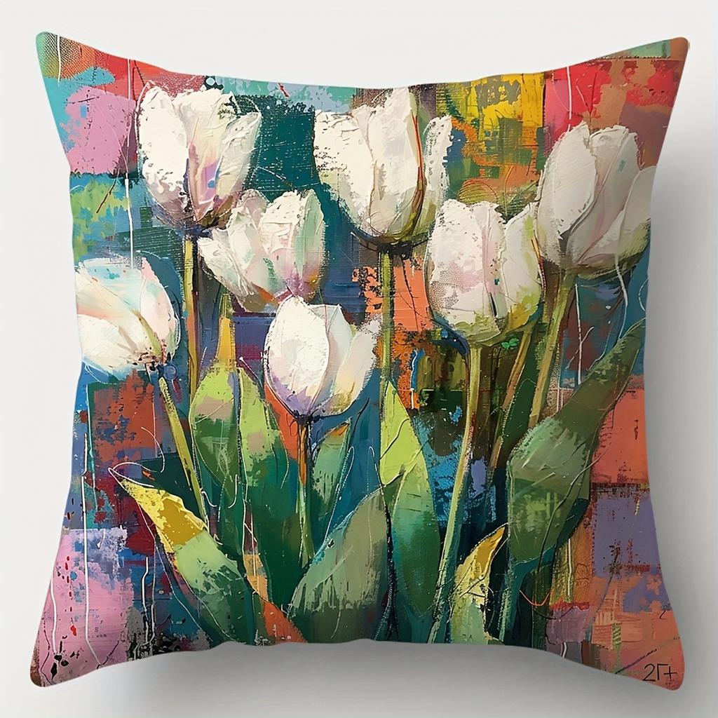 Home Decor Floral Artistic Pillows: Cherry & Tulip Designs Pattern Cushion Cover Suitable for Sofa Bedroom Car Pillow Cover