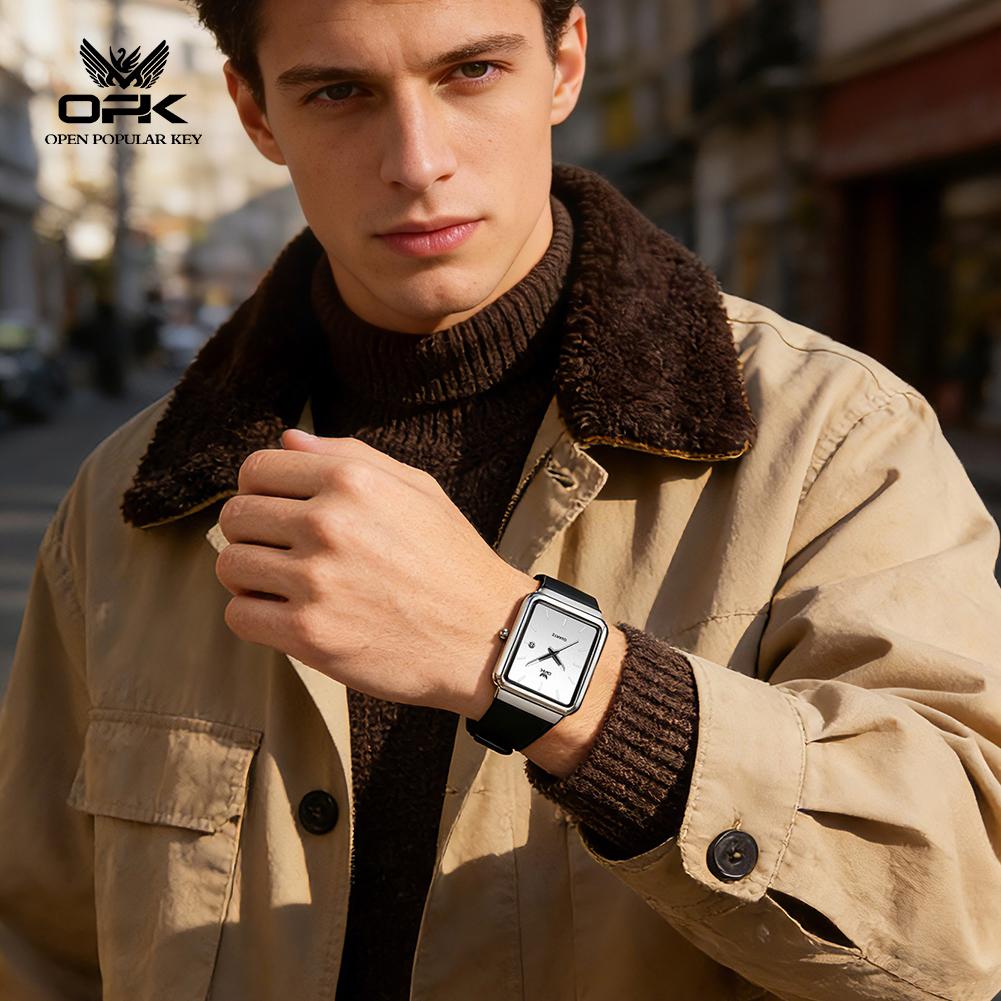 OPK 8194 Men's Quartz Watches Minimalist Square Dial Fashion Casual Silicone Strap Waterproof Man Watch Auto Date Hand Clock