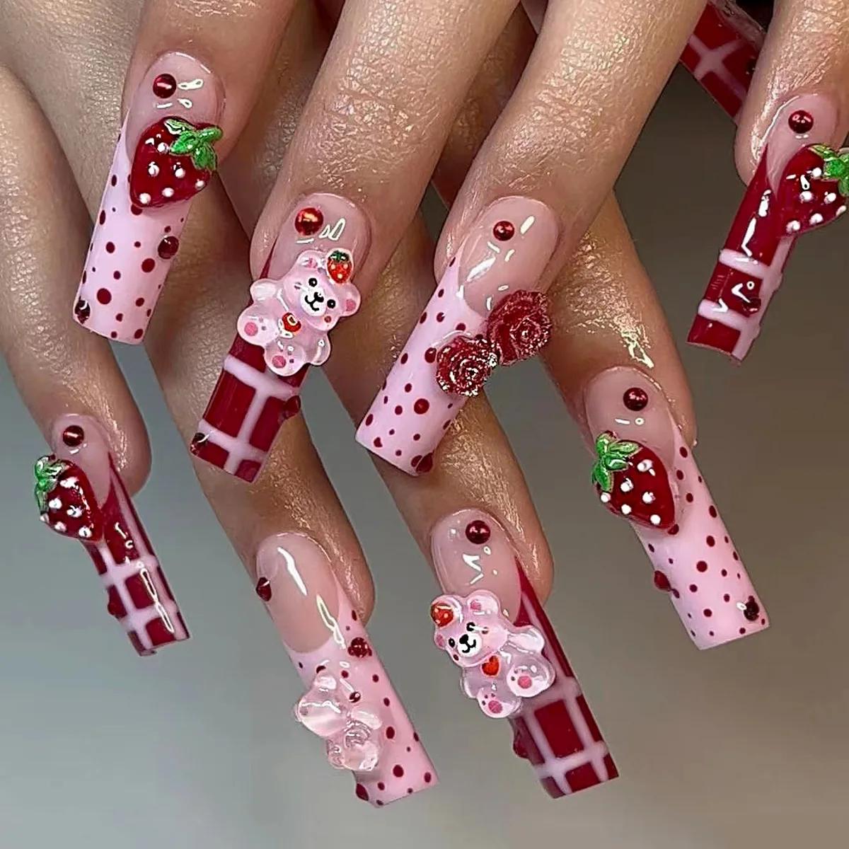 

BEPAN 3D Extended Fake Nails Polka Dot Design Full Cover Nail Tips Art Strawberry Cute Bear Rose Press on Nails Wearable Fingernail чёрный