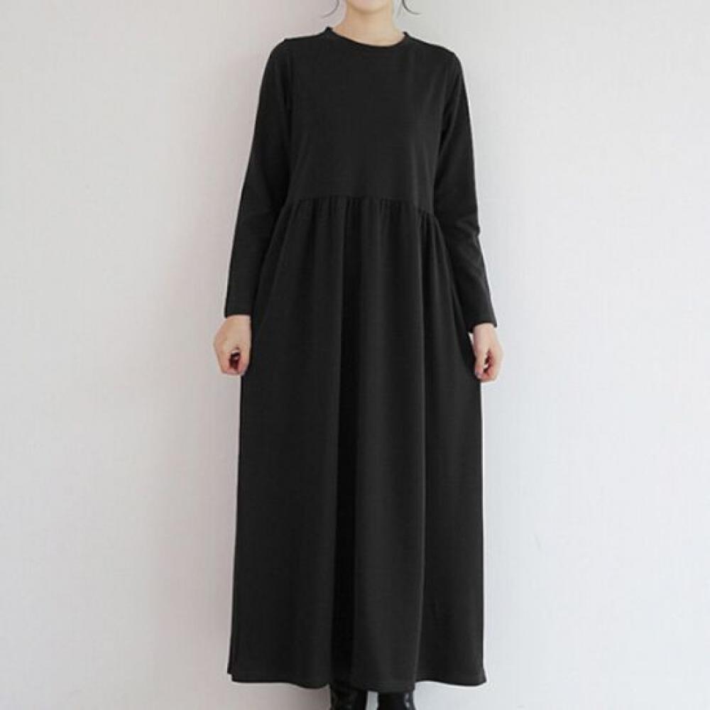 Navava Women Shirred Loose Fit Round Neck Long Sleeve Long Dress No962