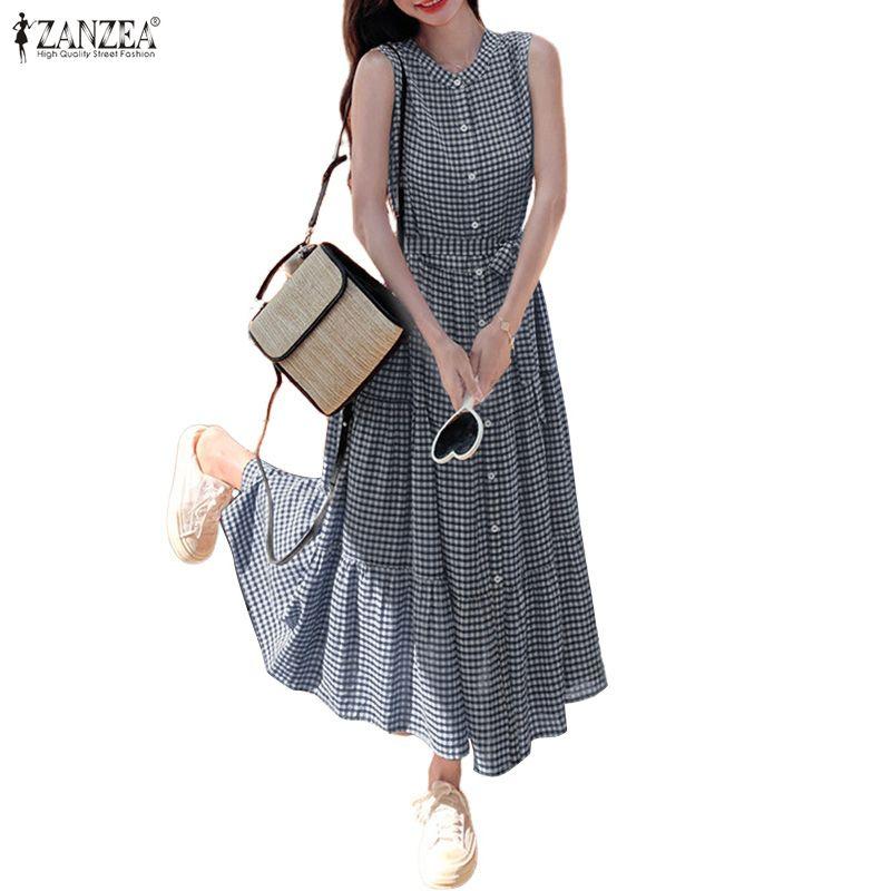 ZANZEA Women Casual Round Neck Loose Summer Grid Print Sleeveless Dress
