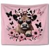 Pink Floral Butterfly Cow Tapestry,Coquette Pink Bow Cow Trendy Tapestry Wall Hanging, Cute Heifer Aesthetic Wall Tapestries For