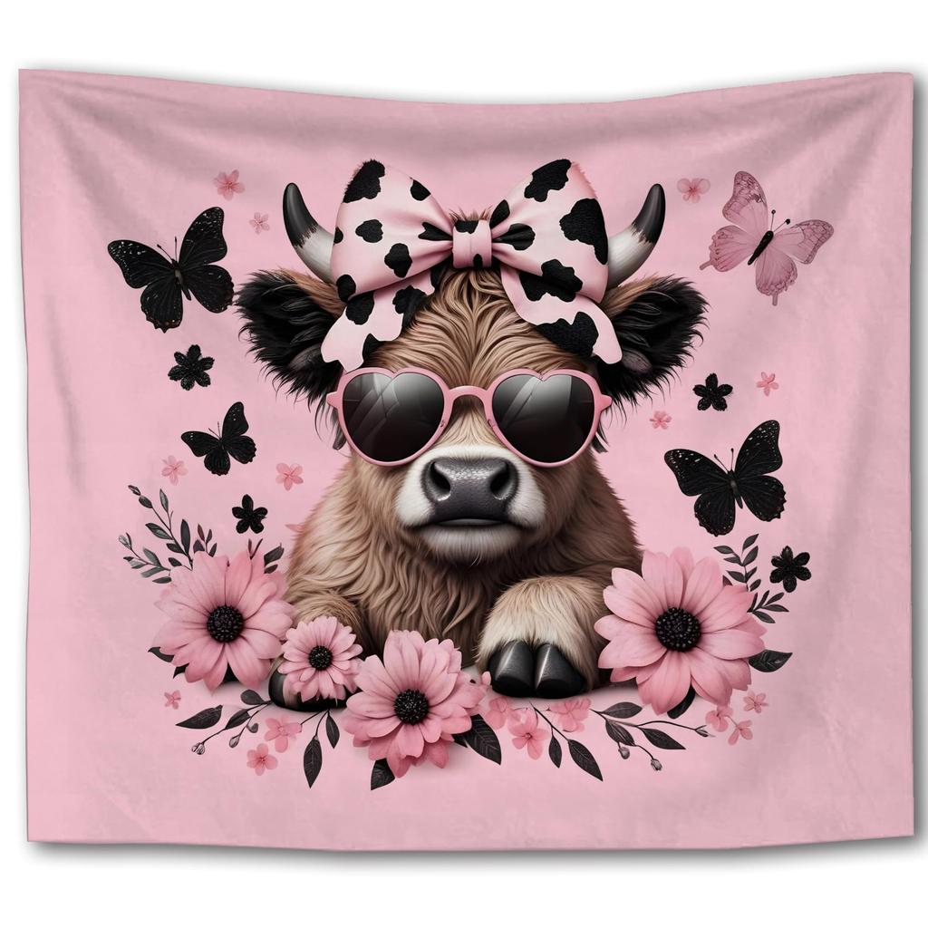 Pink Floral Butterfly Cow Tapestry,Coquette Pink Bow Cow Trendy Tapestry Wall Hanging, Cute Heifer Aesthetic Wall Tapestries For