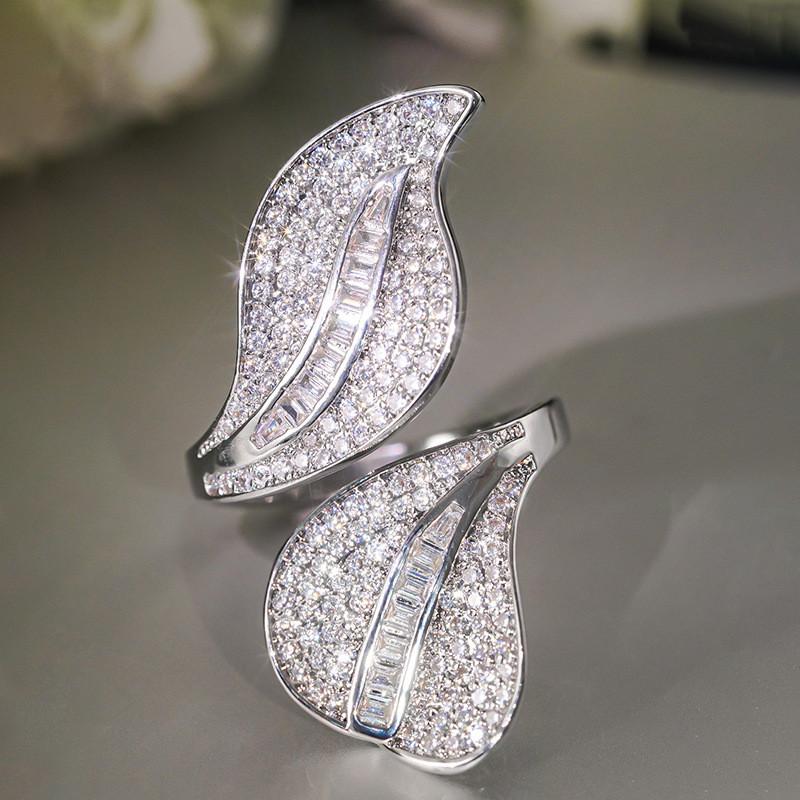 CopperZircon Ring Temperament Large Willow Leaf Full AAA Cubic Zirconia Ring Female Party Wedding Jewelry Gift