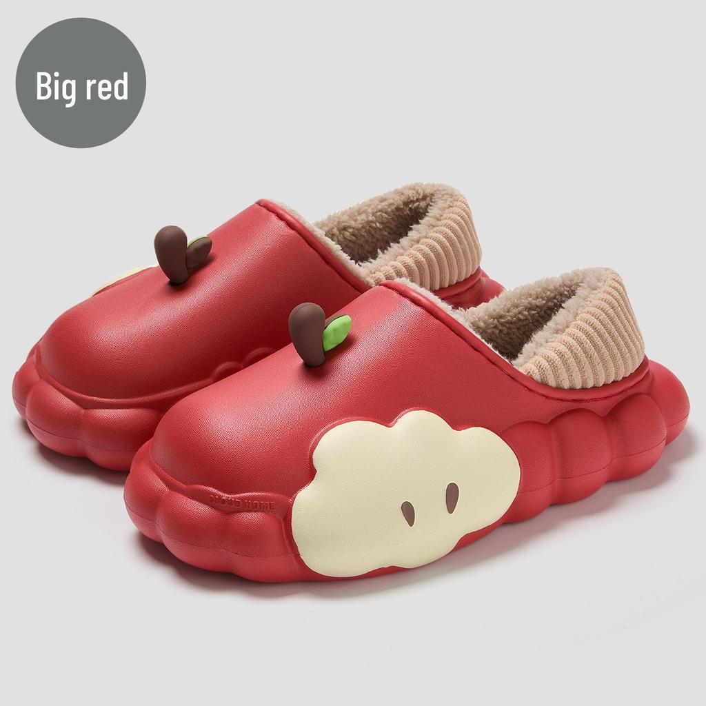 Women's Winter Cartoon Apple Cotton Slippers: Indoor Plush, Warm, Waterproof, Non-Slip Shoes