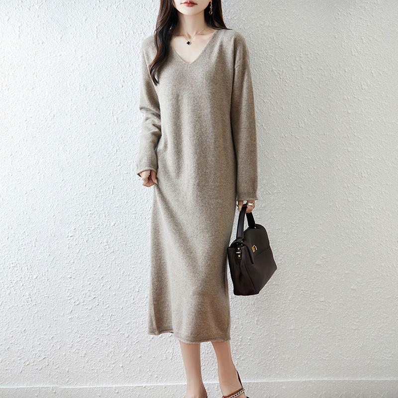 Women Sweater Dress 100% Wool TIDENOVEL V-neck Knit Long Pullover Winter Jumpers Wool Long Dress Female