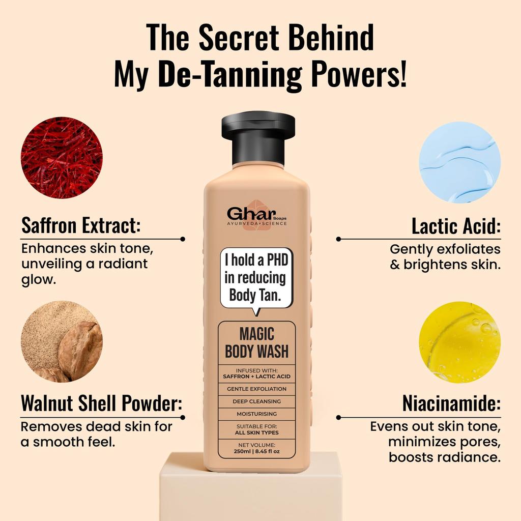 Ghar Soaps Magic De-Tan body wash for tan removal 250ml | Exfoliating Body Wash with Saffron, Lactic Acid & Niacinamide | Reduce Tan & Evens Skin Tone